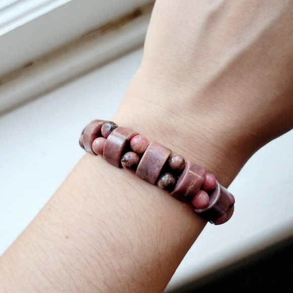 Vintage Natural Rhodonite Boho Beaded Bracelet - Picture 4 of 7